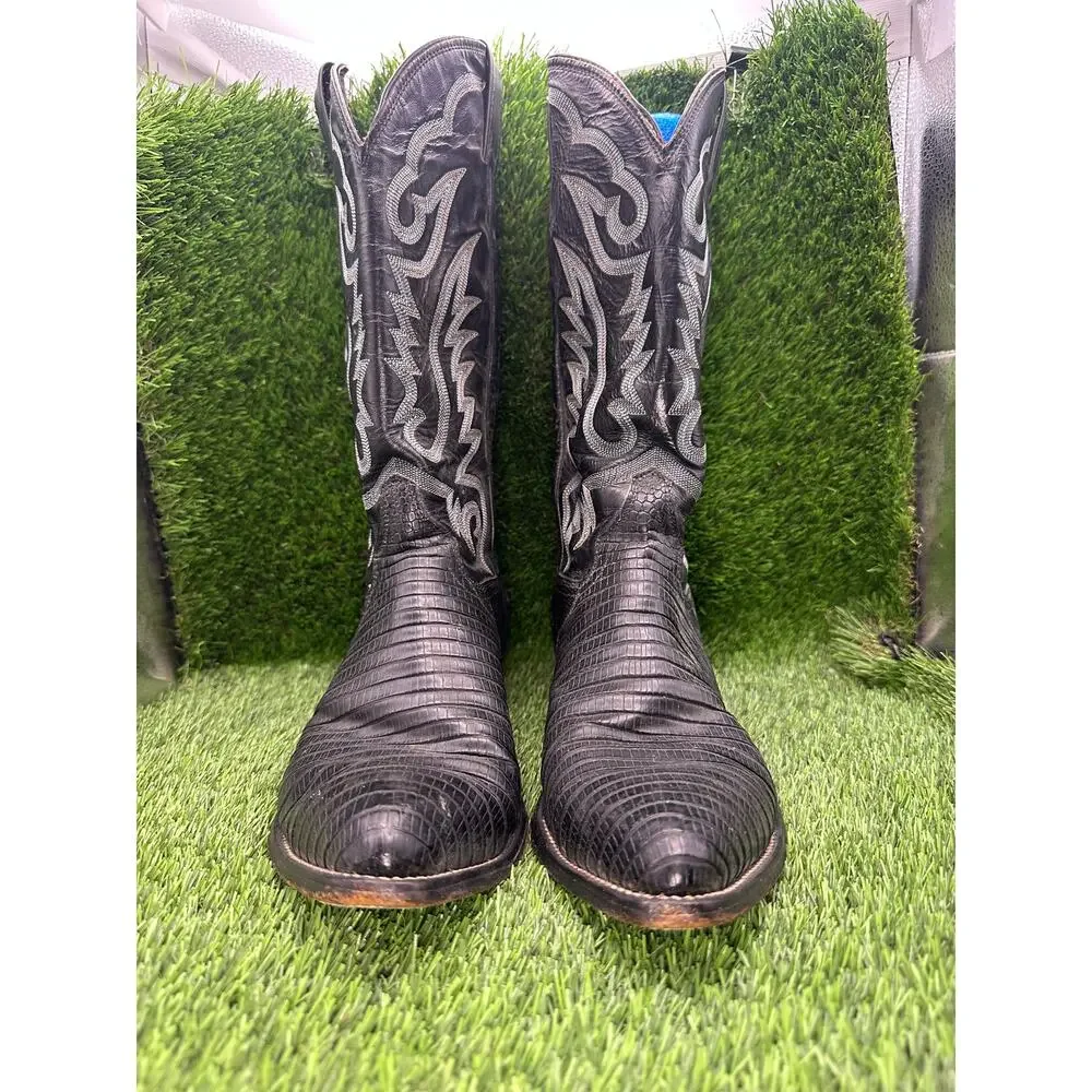 Vintage Justin 8311 Western Boot Men's 9.5 Black Leather Lizard Cowboy Ranch